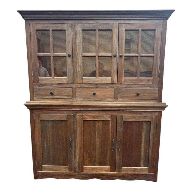 Rustic Wood Hutch Cabinet With Glass Doors and Drawers For Sale