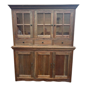 Rustic Wood Hutch Cabinet With Glass Doors and Drawers