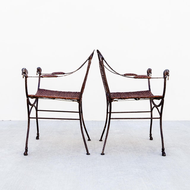 Vintage Iron and Leather Strap Horseshoe Back Curule Accent Chairs For Sale - Image 12 of 15