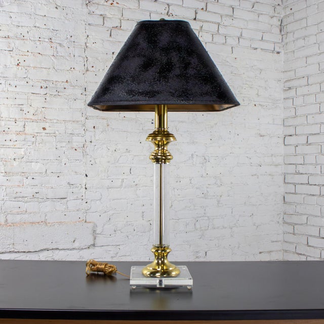 American Late 20th Century Neoclassic Revival Lucite and Brass Candlestick Table Lamp For Sale - Image 3 of 18
