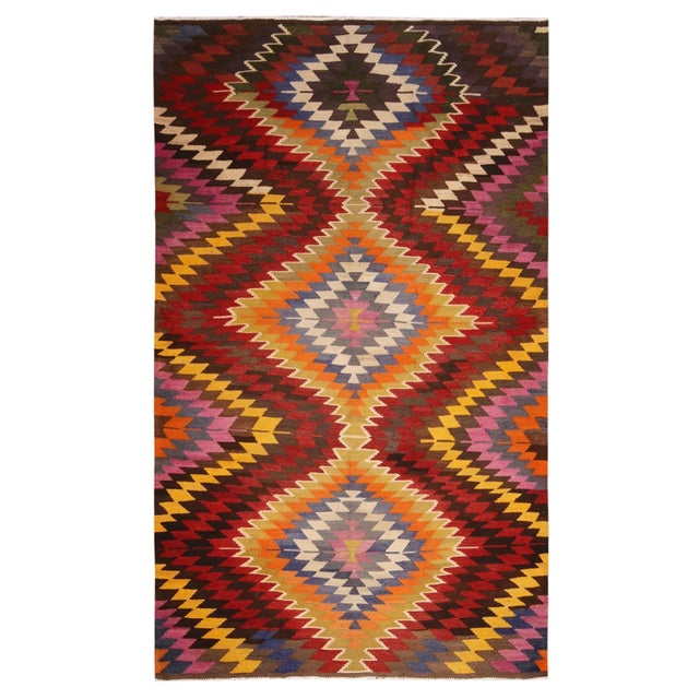 Tribal Vintage Mid-Century Diamond Beige-Brown and Green Wool Kilim Rug For Sale - Image 3 of 7