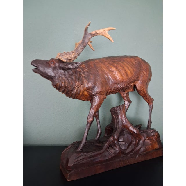 Brown Antique Black Forest Glass and Carved Wood Sculpture of a Roaring Stag, 1950s For Sale - Image 8 of 10