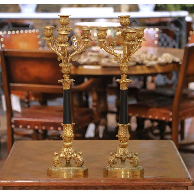 Pair of 19th C. French Empire Bronze and Patinated Brass Four-Light Candelabra For Sale In Dallas - Image 6 of 10