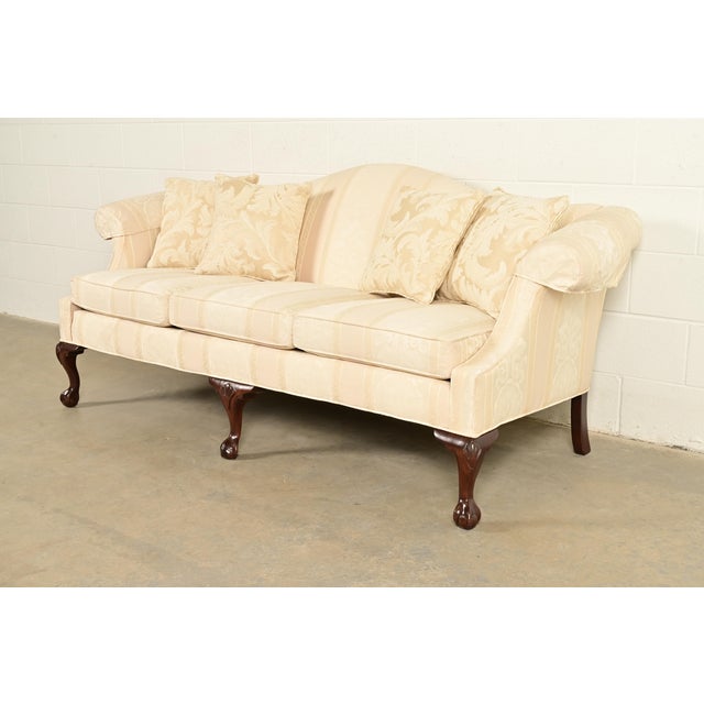 English Ethan Allen Chippendale Carved Mahogany Upholstered Camelback Sofa For Sale - Image 3 of 13