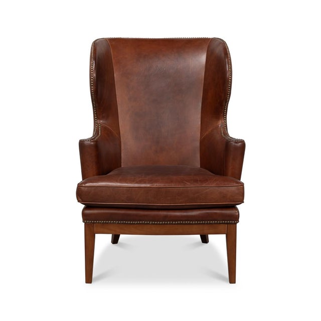 Transitional Brown Leather Wing Chair For Sale - Image 4 of 11