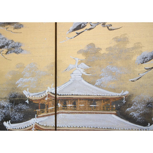 1960s "Winter Landscape With Temple", Showa Era Japanese Silk Byobu Screen For Sale - Image 12 of 18