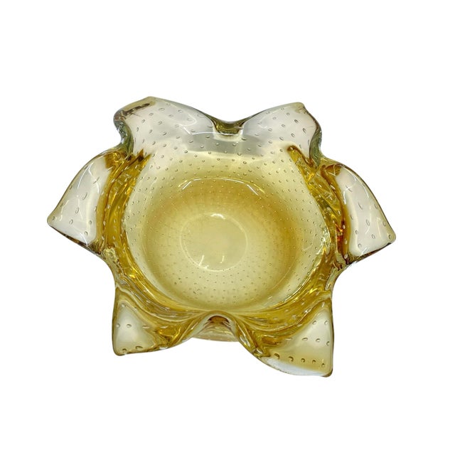 Vintage Murano Bullicante Controlled Bubble Art Glass Amber Yellow Ashtray Bowl Great for decor or actual use of an ash tray