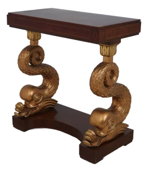 Antique Italian Dolphin Base Inlaid Mahogany Console Table