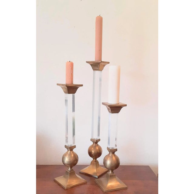 Vintage Brass and Lucite Candlesticks Set 3 Xl Candle Holders For Sale - Image 13 of 13