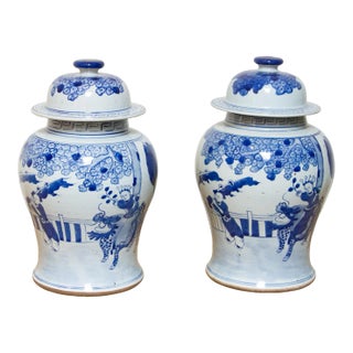 Pair of Vintage Blue & White Porcelain Jars For Sale