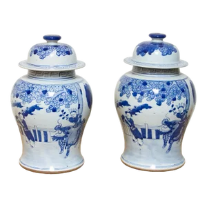 Pair of Vintage Blue & White Porcelain Jars