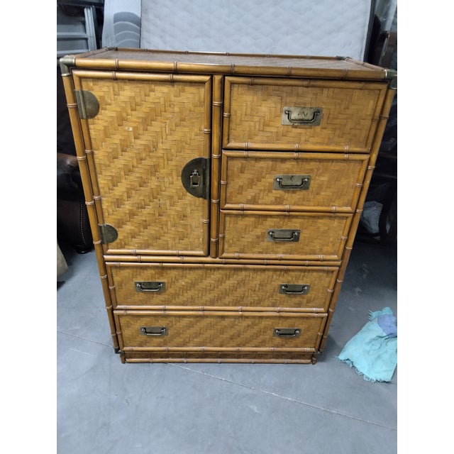 Vintage Dixie Rattan & Wicker Armoire With Brass Handles For Sale - Image 9 of 10