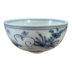 Vintage Chinoiserie Porcelain Blue and White Rice Bowl W/ Rabbit