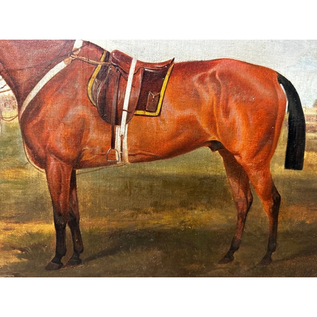 19th Century Oil Painting Victorian Bay Hunter Horse With Groom at French Fair Dated 1863 For Sale - Image 6 of 12