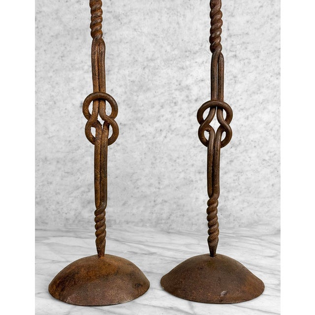 Metal Antique Arts & Crafts Wrought Iron Forged Mantle Candlestick Holders - A Pair For Sale - Image 7 of 9