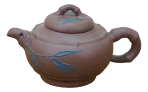 Vintage Chinese Yixing Zisha Brown Clay Bamboo Leaf Teapot Pitcher 7"
