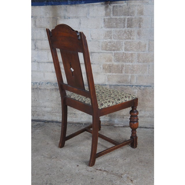 5 Antique Bernhardt English Jacobean Style Carved Oak Dining Room Chairs For Sale - Image 11 of 12