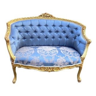 1950s French Louis XVI Blue Damask Gold Beech Settee For Sale