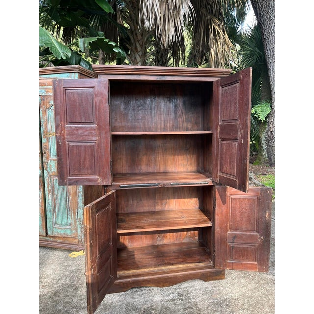 Antique Indian Sunburst Carved Armoire | Dark Wood Double-Door Wardrobe Cabinet 66 For Sale - Image 4 of 6