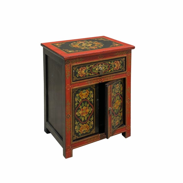 Chinese Tibetan Oriental Black Orange Red Floral End Table Nightstand For Sale - Image 3 of 6