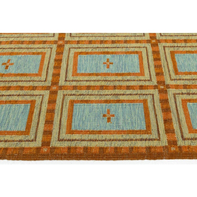 Swedish-Style Geometric Flatweave Wool Rug in Rust and Sky Blue For Sale - Image 9 of 10
