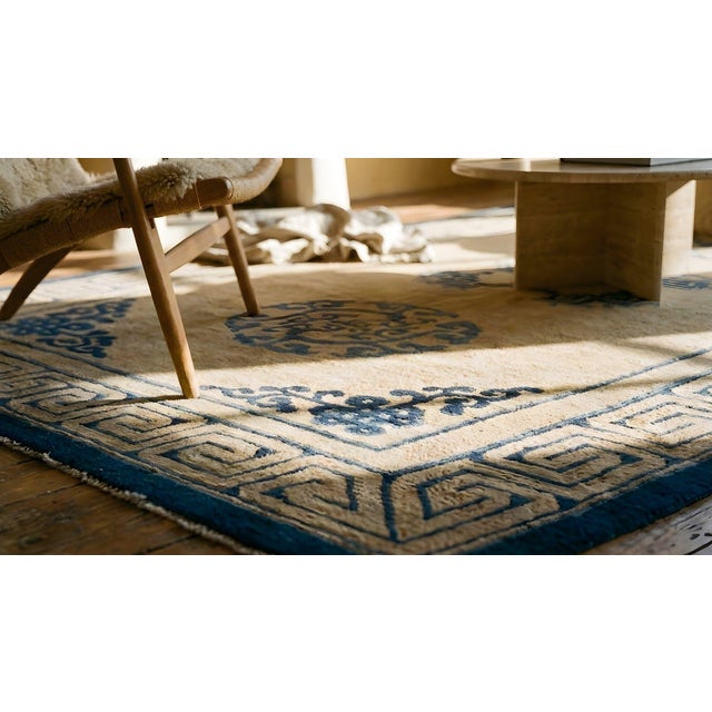 1890s Tan Camel Medallion Greek Key Antique Chinese Peking Carpet 4'2" X 6'8" Knotted Wool Rug For Sale - Image 11 of 12
