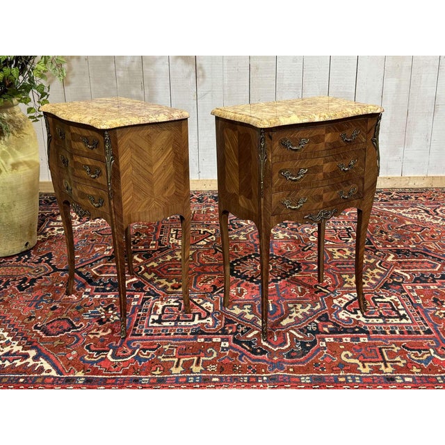 Louis XV Style Bedside Tables in Rosewood and Oak with Marble Tops, 1960s, Set of 2 For Sale - Image 9 of 12