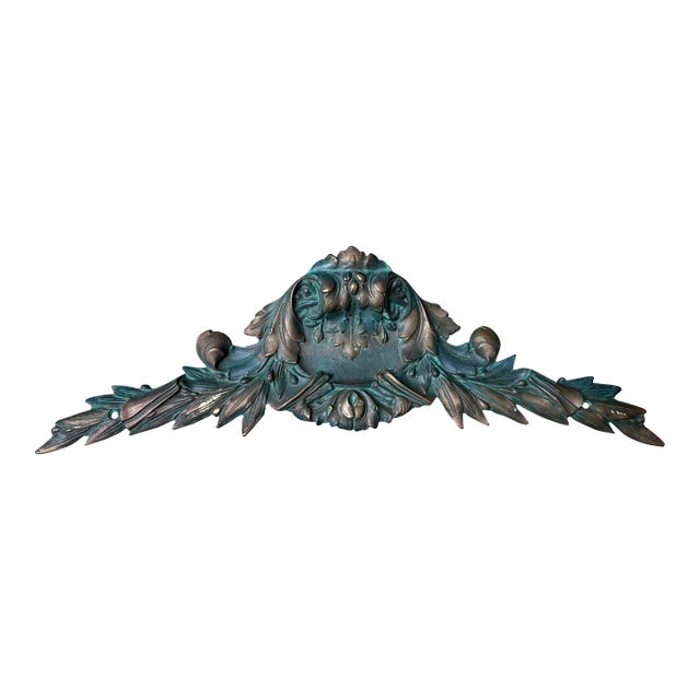 Vintage Baroque Cast Metal Bronze Architectural Pediment With Verdigris Patina – Castilian Imports For Sale