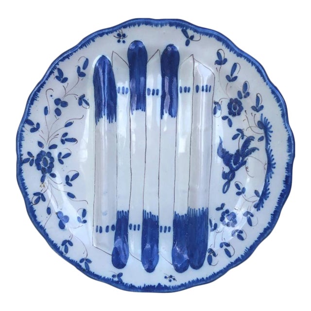 French Faience Blue and White Asparagus Plate, Circa 1920 For Sale