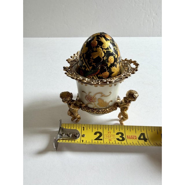 Lovely Vintage Egg w/Painted Enamel Birds In Porcelain Dish & Brass Cherub Stand For Sale - Image 17 of 17