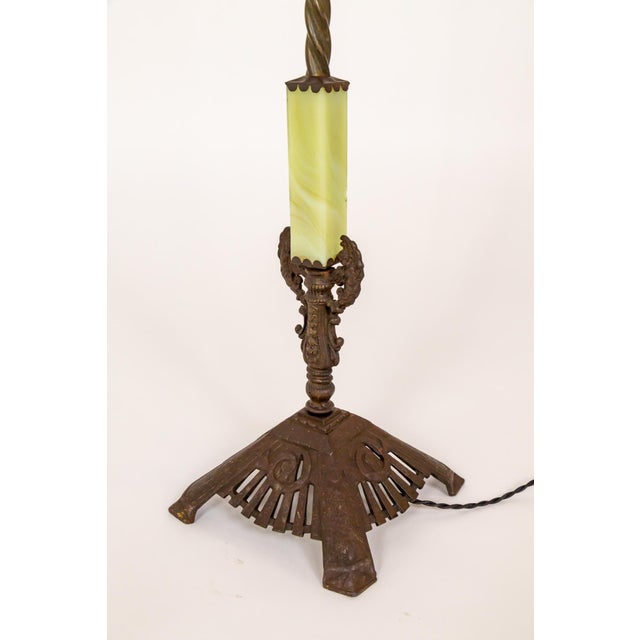 Chestnut Early 20th Century Deco Uranium Glass & Iron Bridge Floor Lamp For Sale - Image 8 of 10