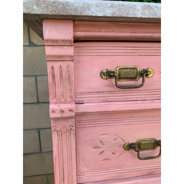 Wood Antique Rustic Eastlake Spoon Carved Pink Commode W Marble Top For Sale - Image 7 of 11