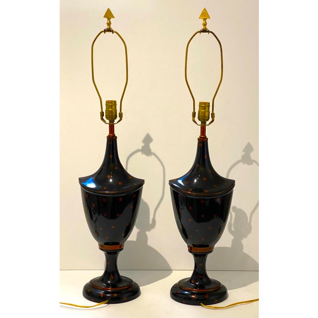 Maitland - Smith Maitland-Smith Table Lamps Hand Painted Copper Stars on Shiny Black, Regency Style - a Pair For Sale - Image 4 of 13