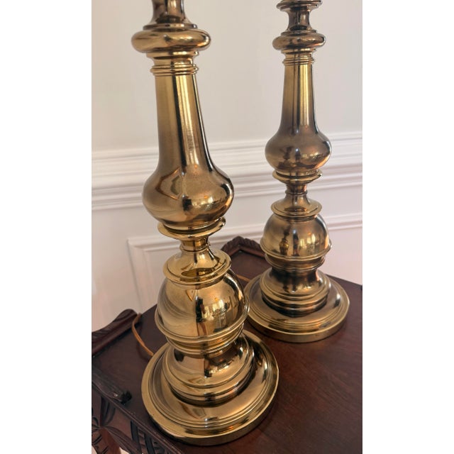 Metal 1970s Heavy Vintage 27” Polished Brass Baluster Table Lamps - a Pair For Sale - Image 7 of 12