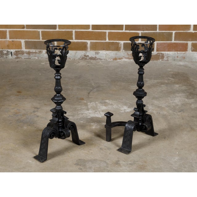 Pair of English Turn of the Century Iron Andirons with Foliage and Guilloches For Sale - Image 9 of 11