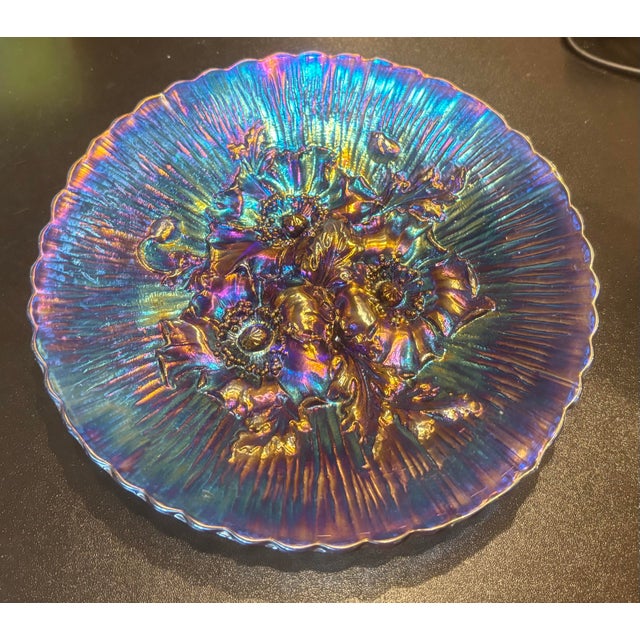 Traditional Poppy Show Carnival Glass Plate by Northwood in Electric Blue or Amethyst For Sale - Image 3 of 8