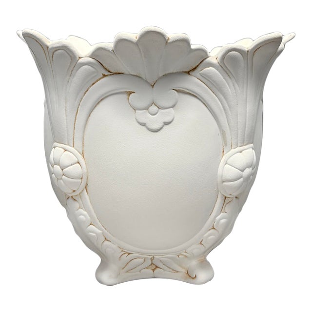 Vintage Neoclassical Rococo Revival White Bisque Ceramic Footed Jardiniere Planter For Sale