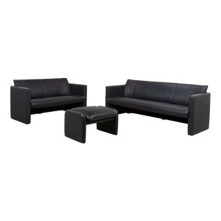 3-Seater and 2-Seater Sofas and Ottoman in Dark Blue Leather from Leolux, Set of 3 For Sale