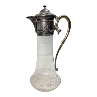 Antique 1800's Ornate Silverplate Etched Crystal Glass Wine Claret Decanter WMF For Sale