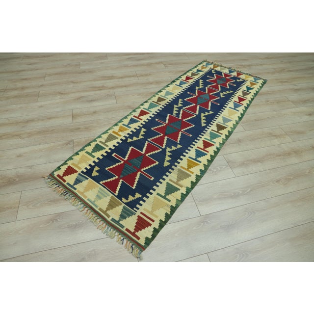 1960s Turkish Vintage Handmade Navy Blue Handmade Oushak Kilim Runner Rug For Sale - Image 12 of 12