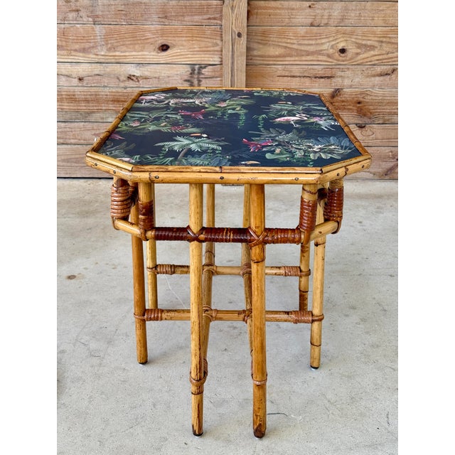 Mid-20th Century Sons-Cunningham Rattan Side Table With Tropical Wallpaper Top For Sale - Image 12 of 12