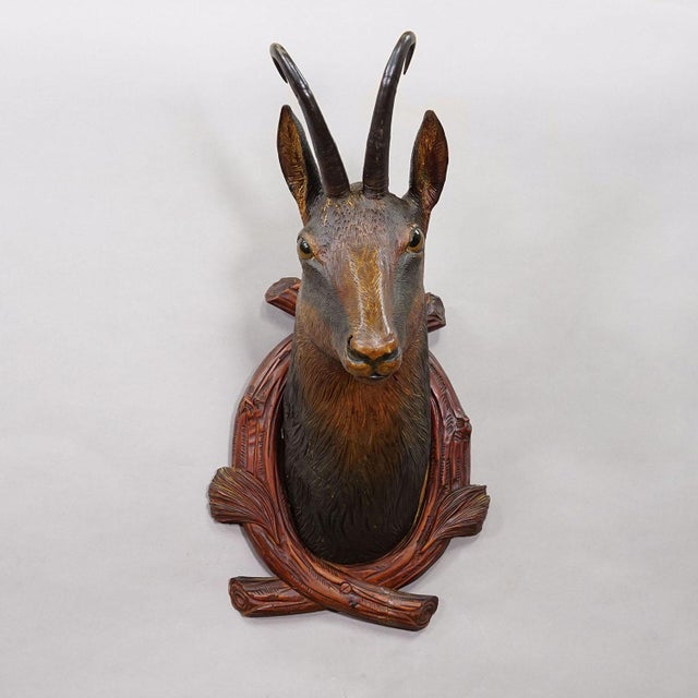 Rustic European Large Naturalistic Black Forest Carved Chamois Head, Ca. 1920s For Sale - Image 3 of 8