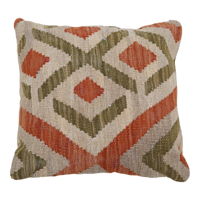 Arteverk Handwoven Afghan Kilim Pillow — Beige & Green Diamond Lattice For Sale