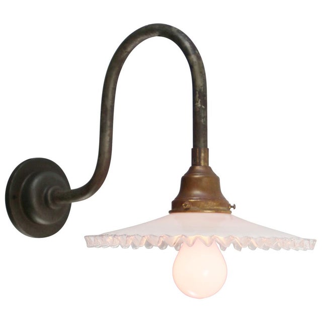 Cast Iron wall light White opaline glass, brass top. Diameter cast iron wall piece: 10.5 cm / 4 inches 2 holes to secure...