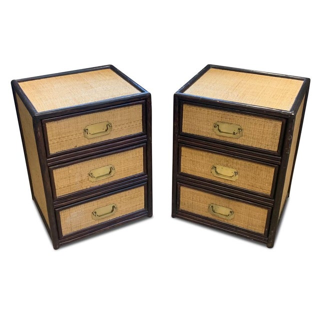 Mid-Century Glazed Rattan 3-Drawer Nightstands, 1950s, Set of 2 For Sale - Image 9 of 14