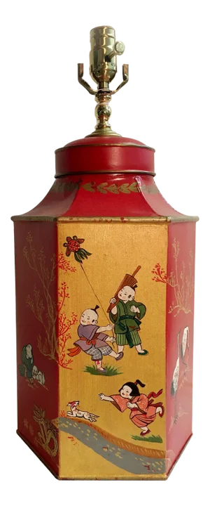 1970s English Export Hexagon Chinoiserie Tea Canister Lamp