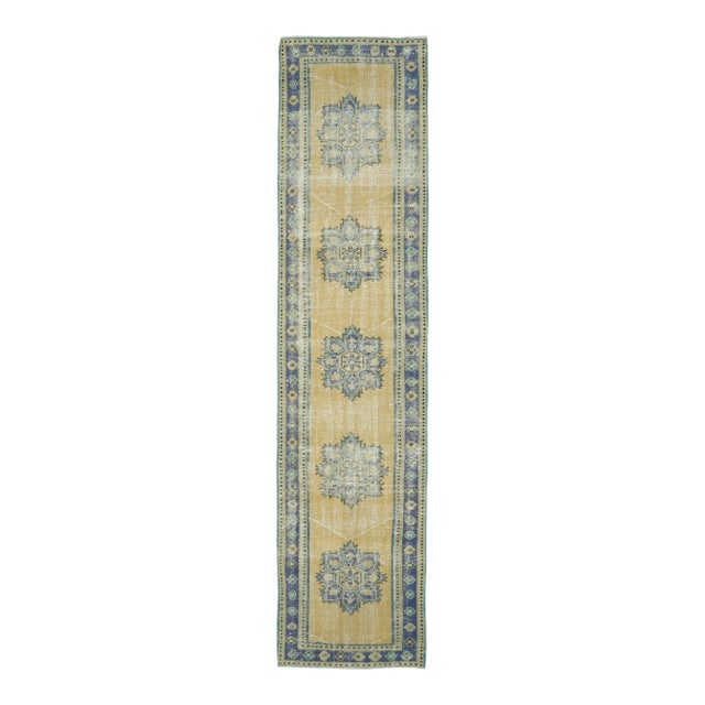 Vintage Turkish Hand-Knotted Wool Cotton Yellow Runner For Sale