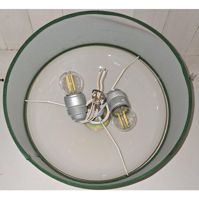Metal Mid-Century Ceiling Lamp with Cream-White Glass Shade in a Green Fabric Shade, 1960s For Sale - Image 7 of 8
