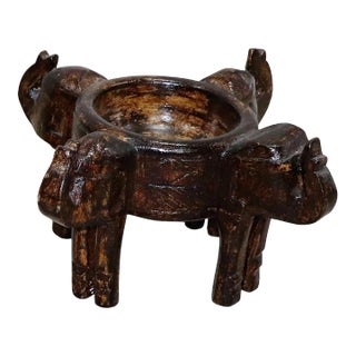 1990s Distressed Mango Wood Elephant Bowl Candle Holder For Sale