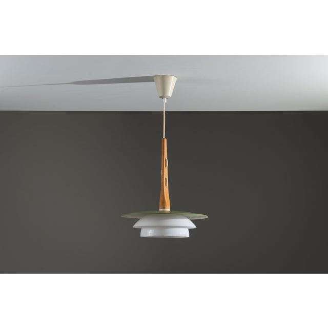 Pendant Light in Oak Wood with Green Shade and Glass, 1960s For Sale - Image 3 of 12